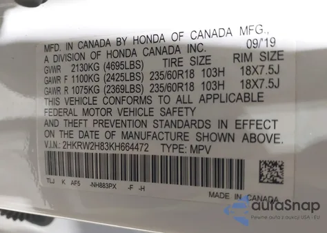 2019 Honda Cr-V Ex-L from USA, damaged, VIN 2HKRW2H83KH664472